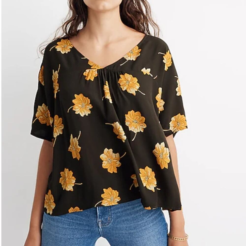 Madewell Green Yellow Floral Rhyme Top Womens XS V-Neck Short Sleeve Relaxed Fit